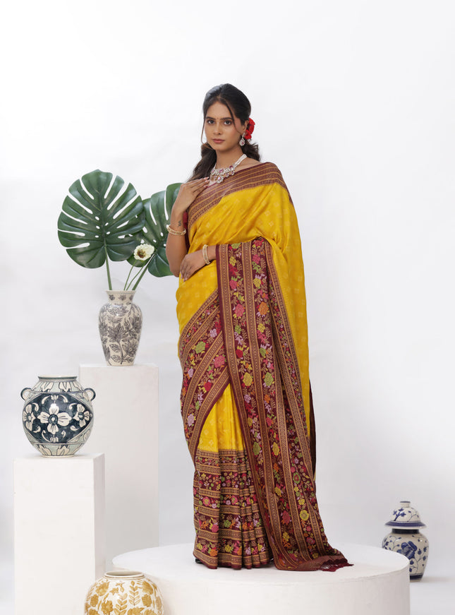 Mustard Yellow - Deep Maroon Ektara Banarasi Silk Saree