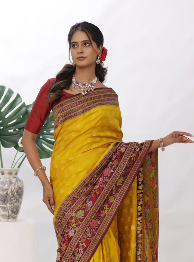 Mustard Yellow - Deep Maroon Ektara Banarasi Silk Saree