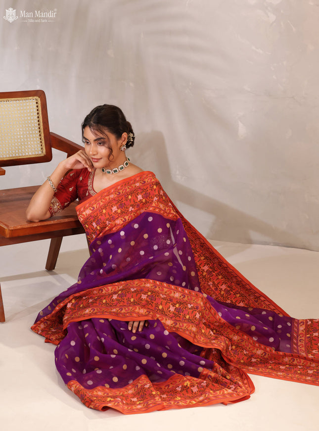 Purple & Orange Banarasi Ektara Kora Silk Saree