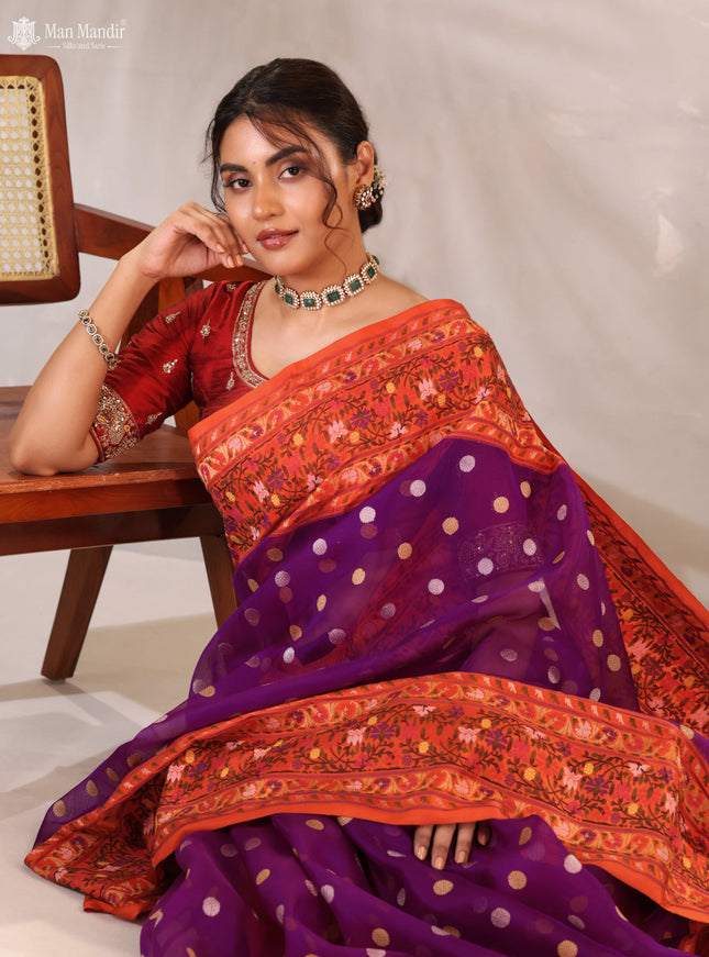 Purple & Orange Banarasi Ektara Kora Silk Saree