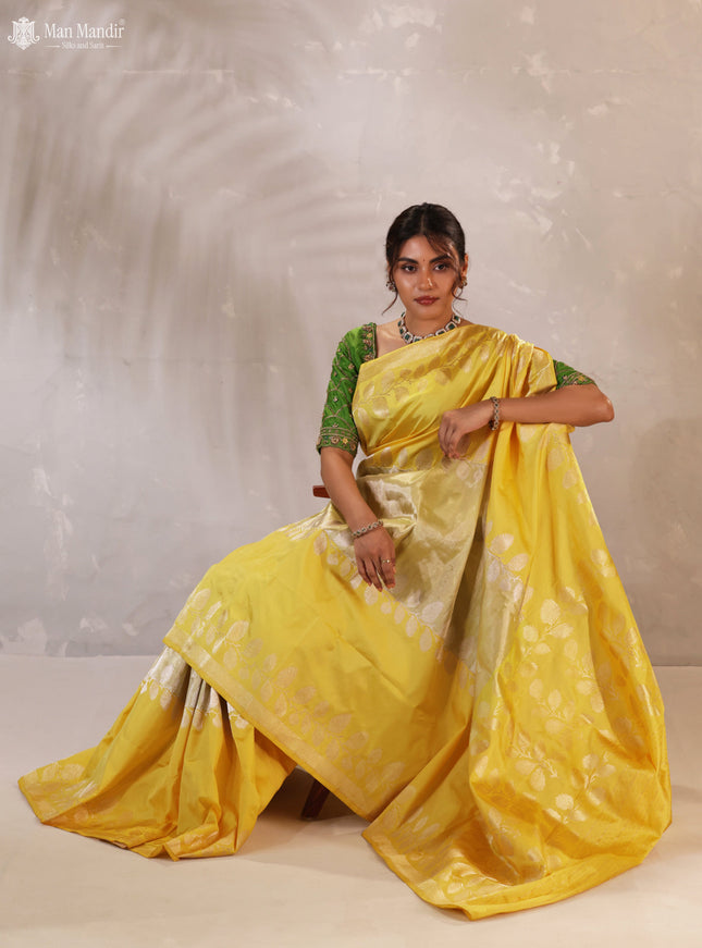 Lime Yellow -Yellow Banarasi Fekwa Silk Saree