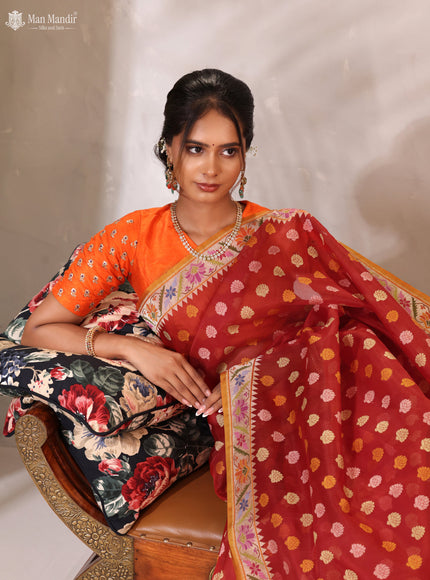 Red -Mustard Yellow Banarasi Kora Silk Saree