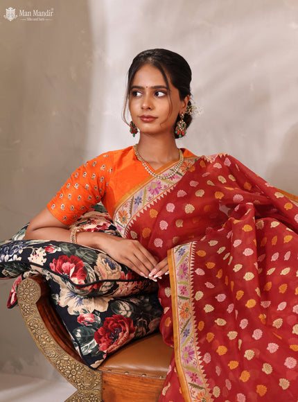 Red -Mustard Yellow Banarasi Kora Silk Saree