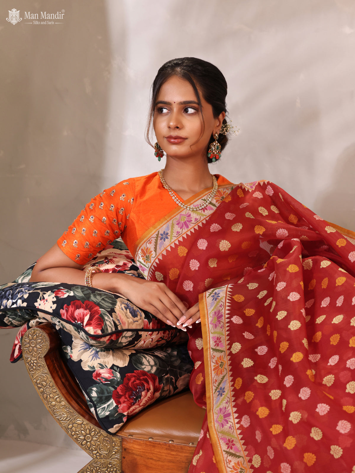 Red -Mustard Yellow Banarasi Kora Silk Saree