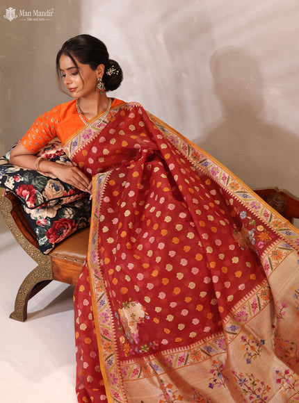 Red -Mustard Yellow Banarasi Kora Silk Saree