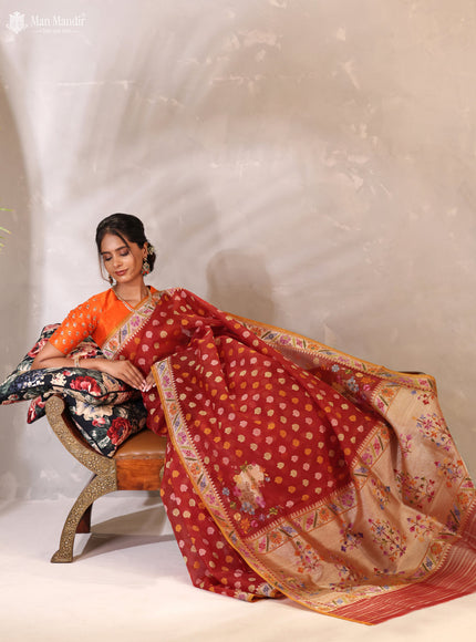 Red -Mustard Yellow Banarasi Kora Silk Saree