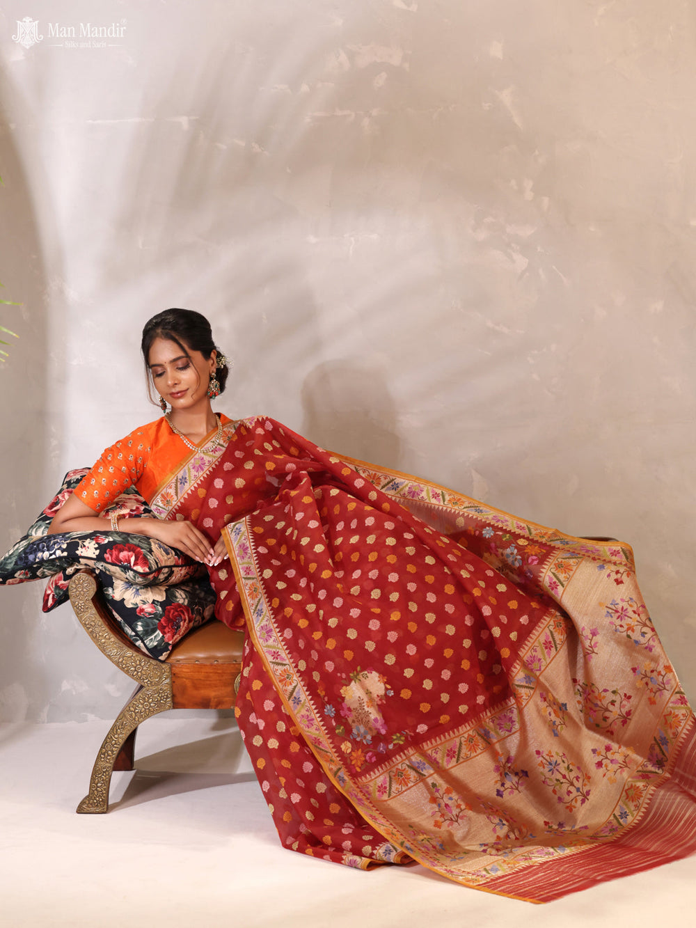 Red -Mustard Yellow Banarasi Kora Silk Saree