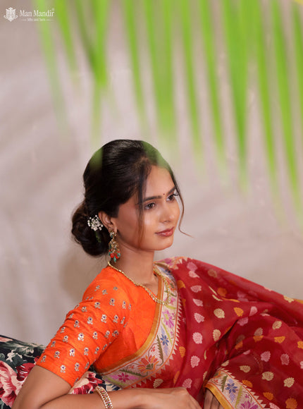 Red -Mustard Yellow Banarasi Kora Silk Saree