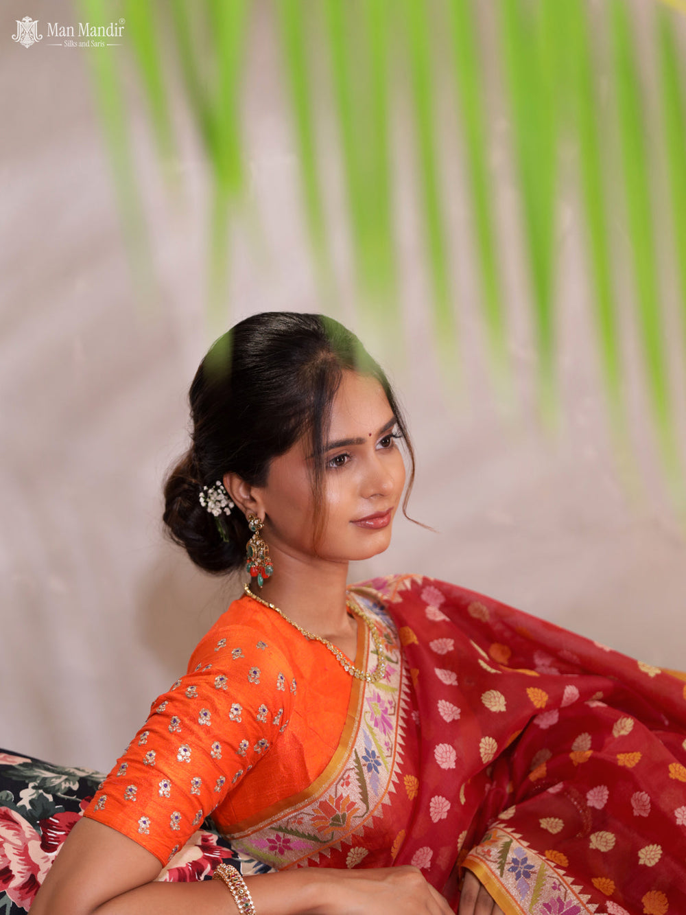 Red -Mustard Yellow Banarasi Kora Silk Saree