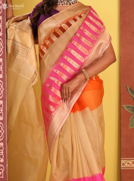 Orange - Beige & Candy Pink Banarasi Kora Silk Saree