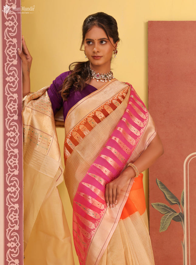 Orange - Beige & Candy Pink Banarasi Kora Silk Saree