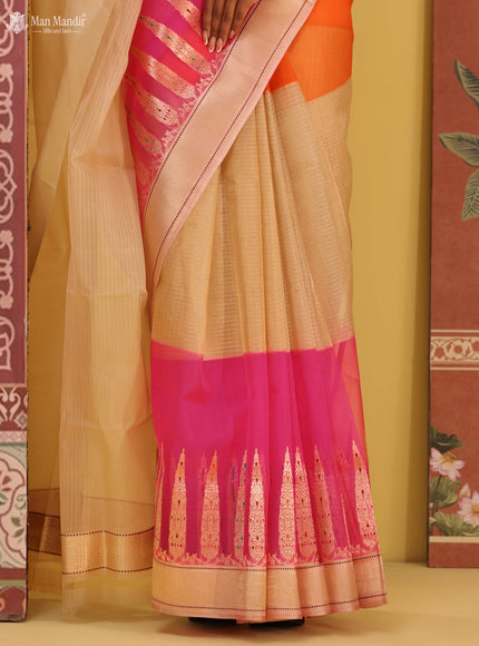 Orange - Beige & Candy Pink Banarasi Kora Silk Saree