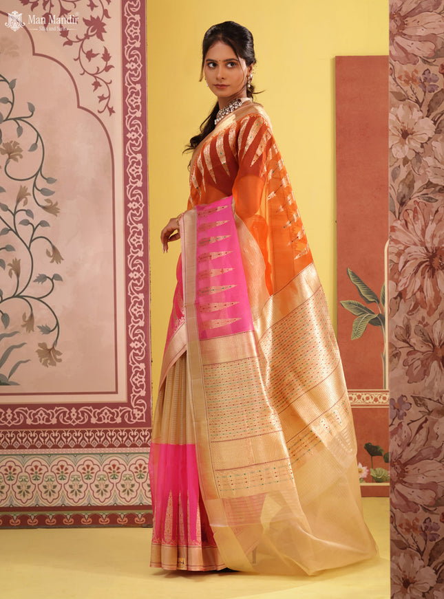 Orange - Beige & Candy Pink Banarasi Kora Silk Saree