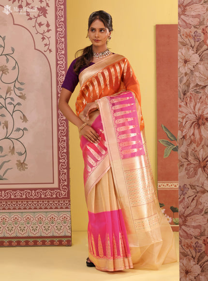 Orange - Beige & Candy Pink Banarasi Kora Silk Saree