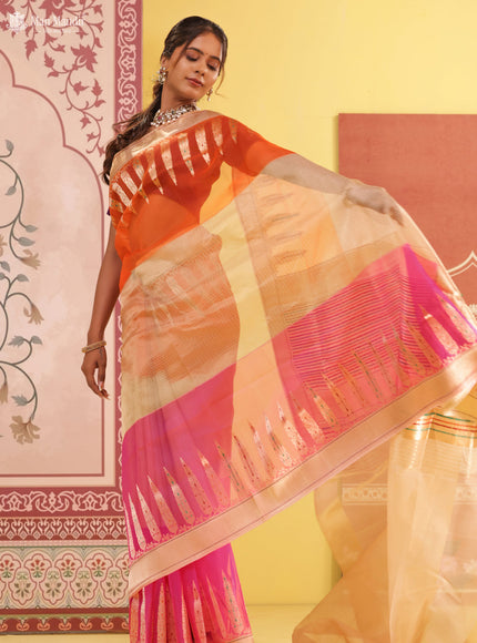 Orange - Beige & Candy Pink Banarasi Kora Silk Saree