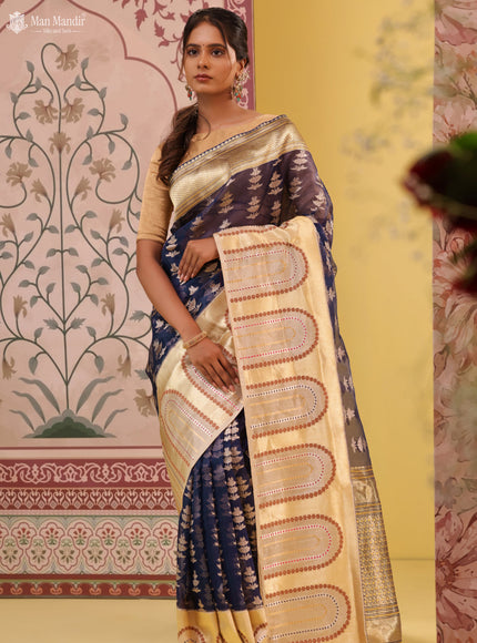 Navy Blue - Beige Banarasi Kora Silk Saree