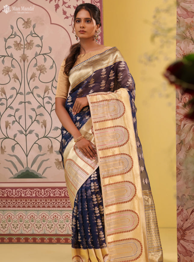 Navy Blue - Beige Banarasi Kora Silk Saree
