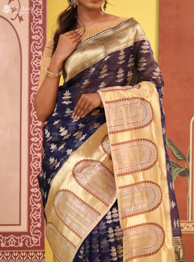 Navy Blue - Beige Banarasi Kora Silk Saree
