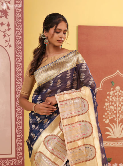 Navy Blue - Beige Banarasi Kora Silk Saree