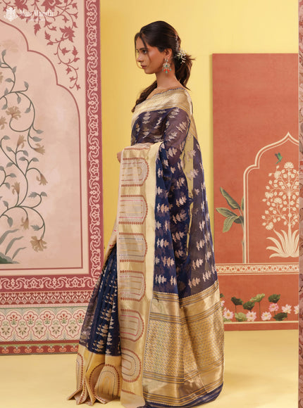Navy Blue - Beige Banarasi Kora Silk Saree