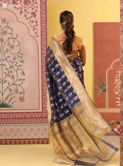 Navy Blue - Beige Banarasi Kora Silk Saree