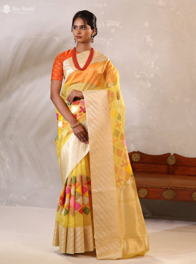 Yellow - Cream Banarasi Kora Silk Saree