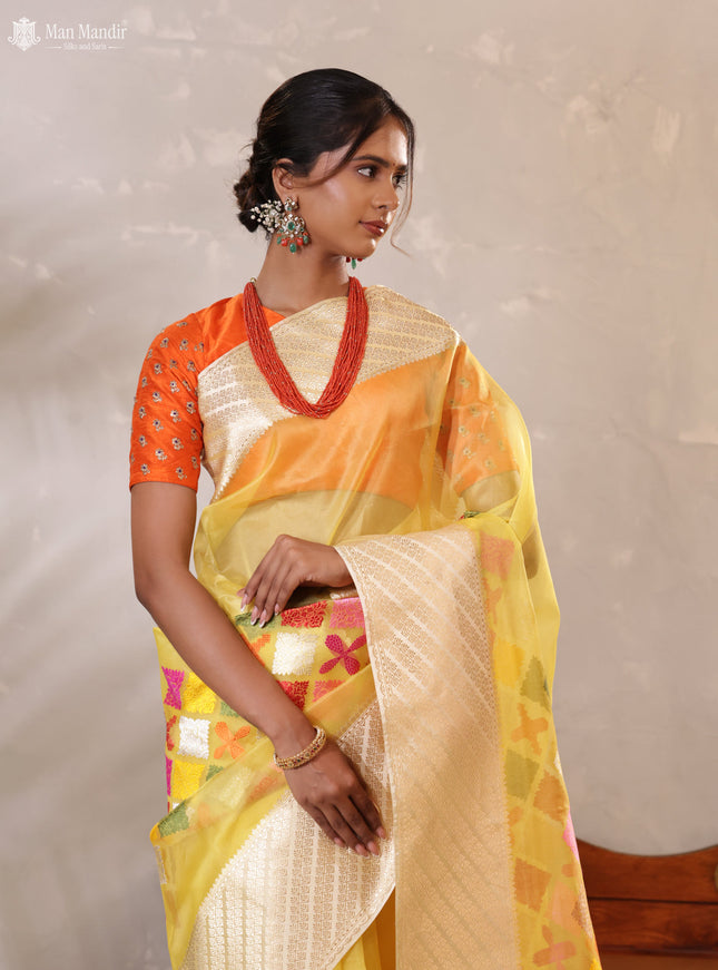 Yellow - Cream Banarasi Kora Silk Saree