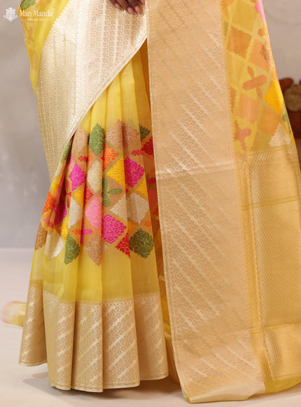Yellow - Cream Banarasi Kora Silk Saree