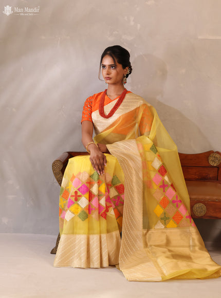 Yellow - Cream Banarasi Kora Silk Saree