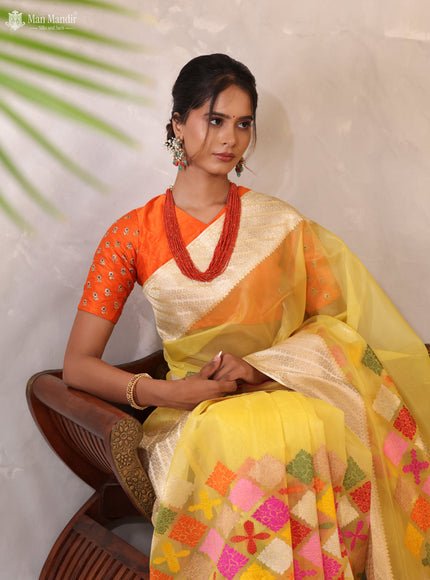 Yellow - Cream Banarasi Kora Silk Saree