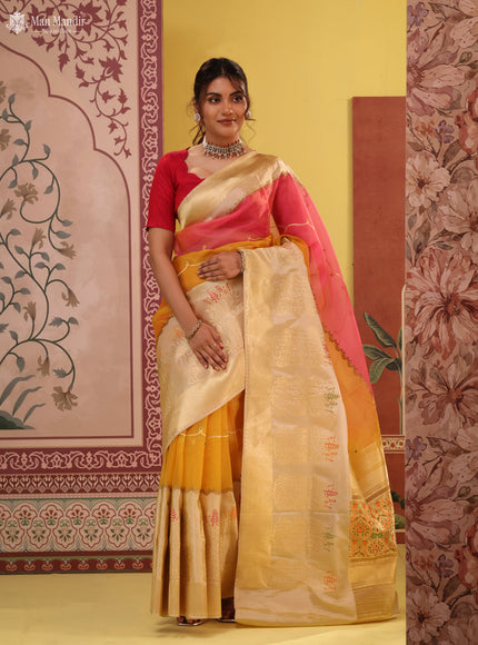 Pink - Yellow & Beige Banarasi Kora Silk Saree