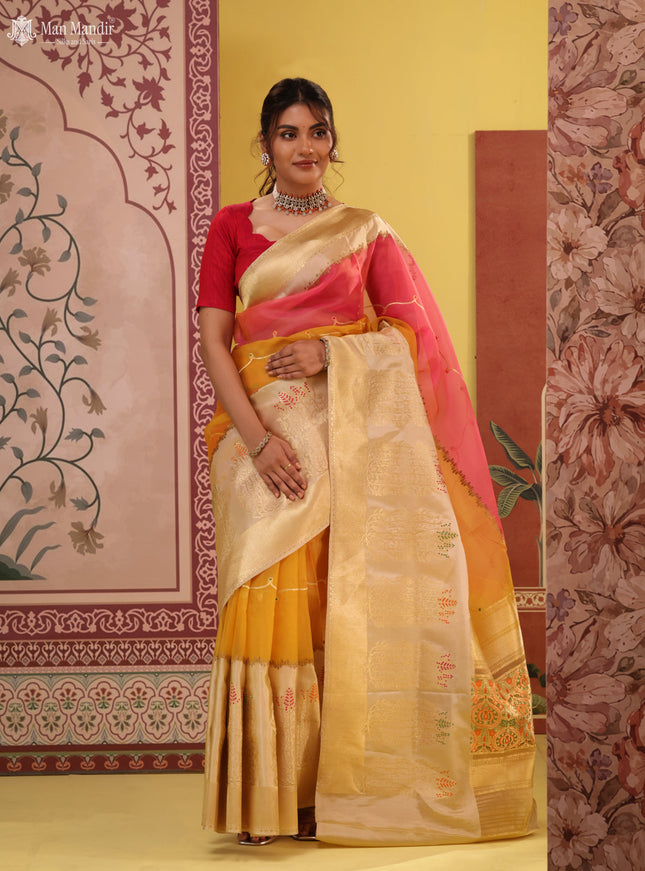 Pink - Yellow & Beige Banarasi Kora Silk Saree