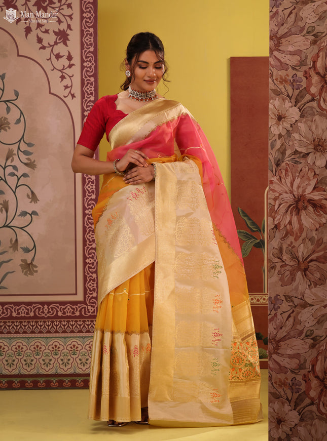 Pink - Yellow & Beige Banarasi Kora Silk Saree