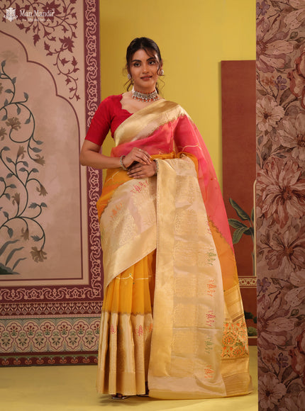 Pink - Yellow & Beige Banarasi Kora Silk Saree