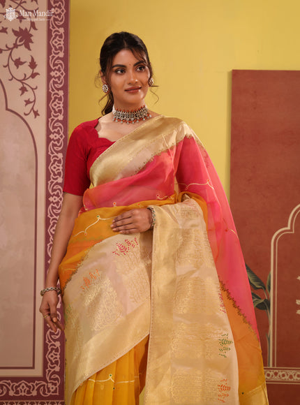 Pink - Yellow & Beige Banarasi Kora Silk Saree