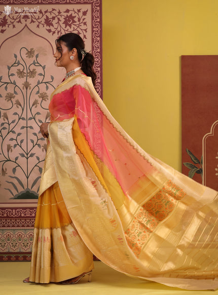 Pink - Yellow & Beige Banarasi Kora Silk Saree