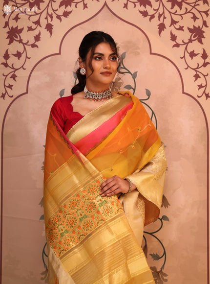 Pink - Yellow & Beige Banarasi Kora Silk Saree