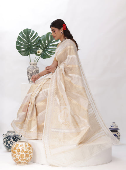 Off White Banarasi Kora Silk Saree