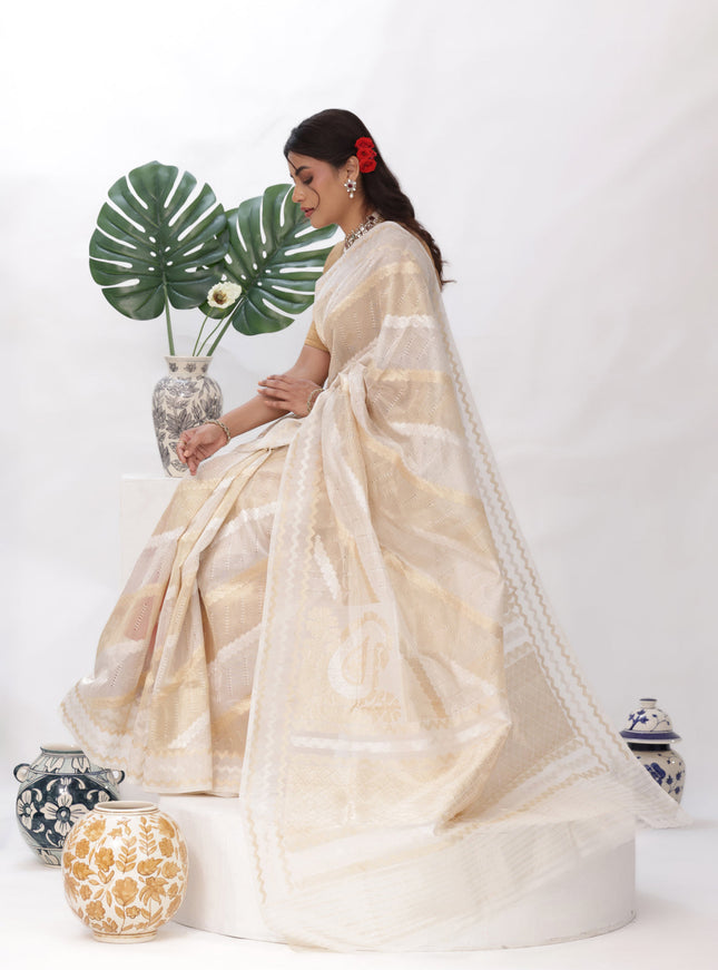 Off White Banarasi Kora Silk Saree