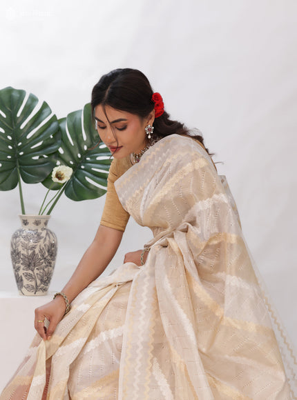 Off White Banarasi Kora Silk Saree
