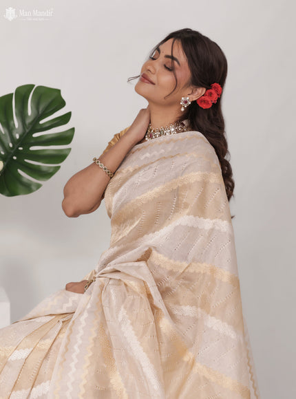 Off White Banarasi Kora Silk Saree