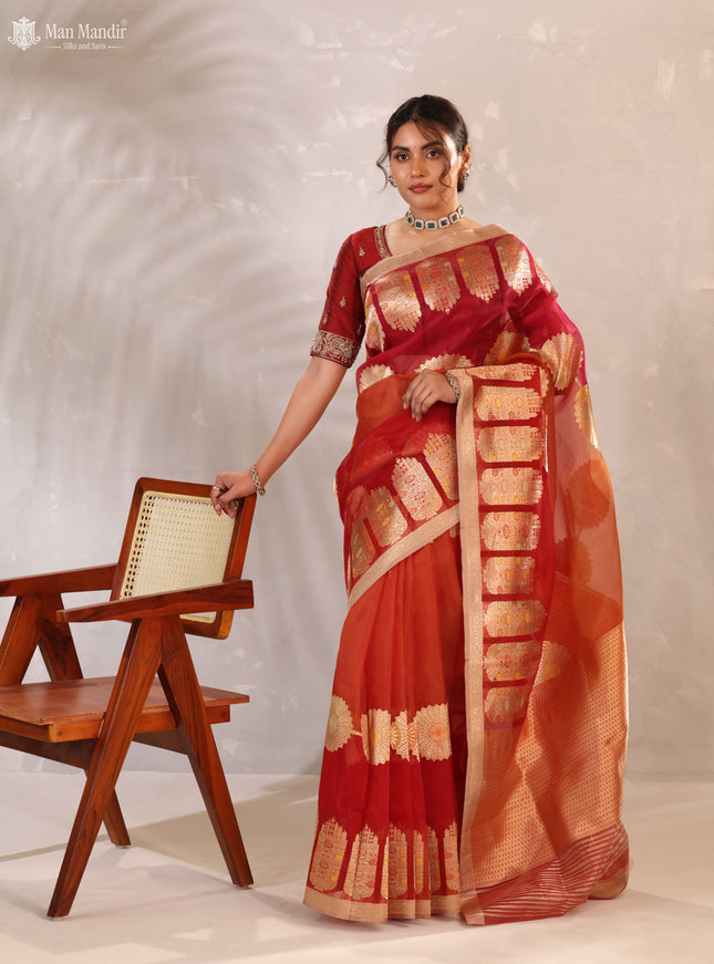Sunset Orange - Red & Pink Banarasi Kora Silk Saree