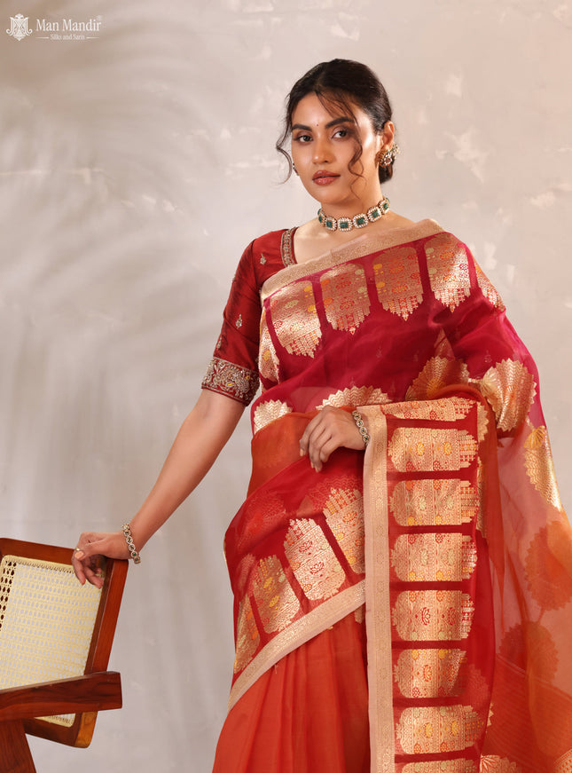 Sunset Orange - Red & Pink Banarasi Kora Silk Saree