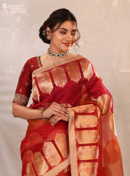 Sunset Orange - Red & Pink Banarasi Kora Silk Saree