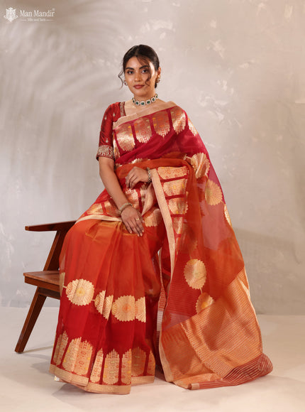 Sunset Orange - Red & Pink Banarasi Kora Silk Saree