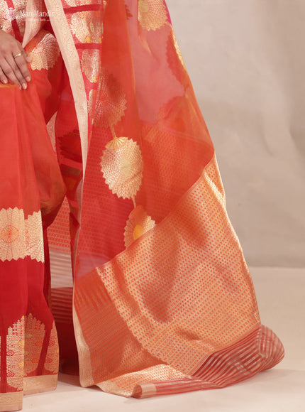 Sunset Orange - Red & Pink Banarasi Kora Silk Saree