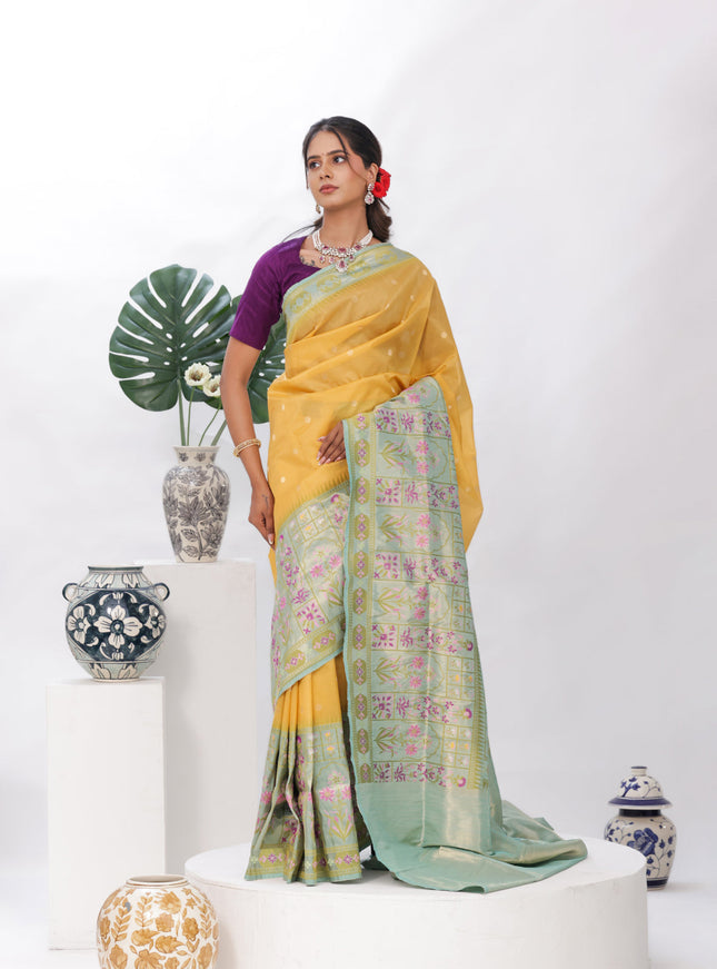 Yellow - Teal Banarasi Kora Silk Saree