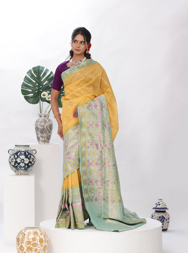 Yellow - Teal Banarasi Kora Silk Saree