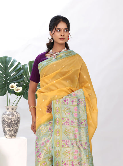 Yellow - Teal Banarasi Kora Silk Saree