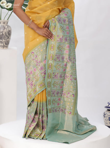 Yellow - Teal Banarasi Kora Silk Saree